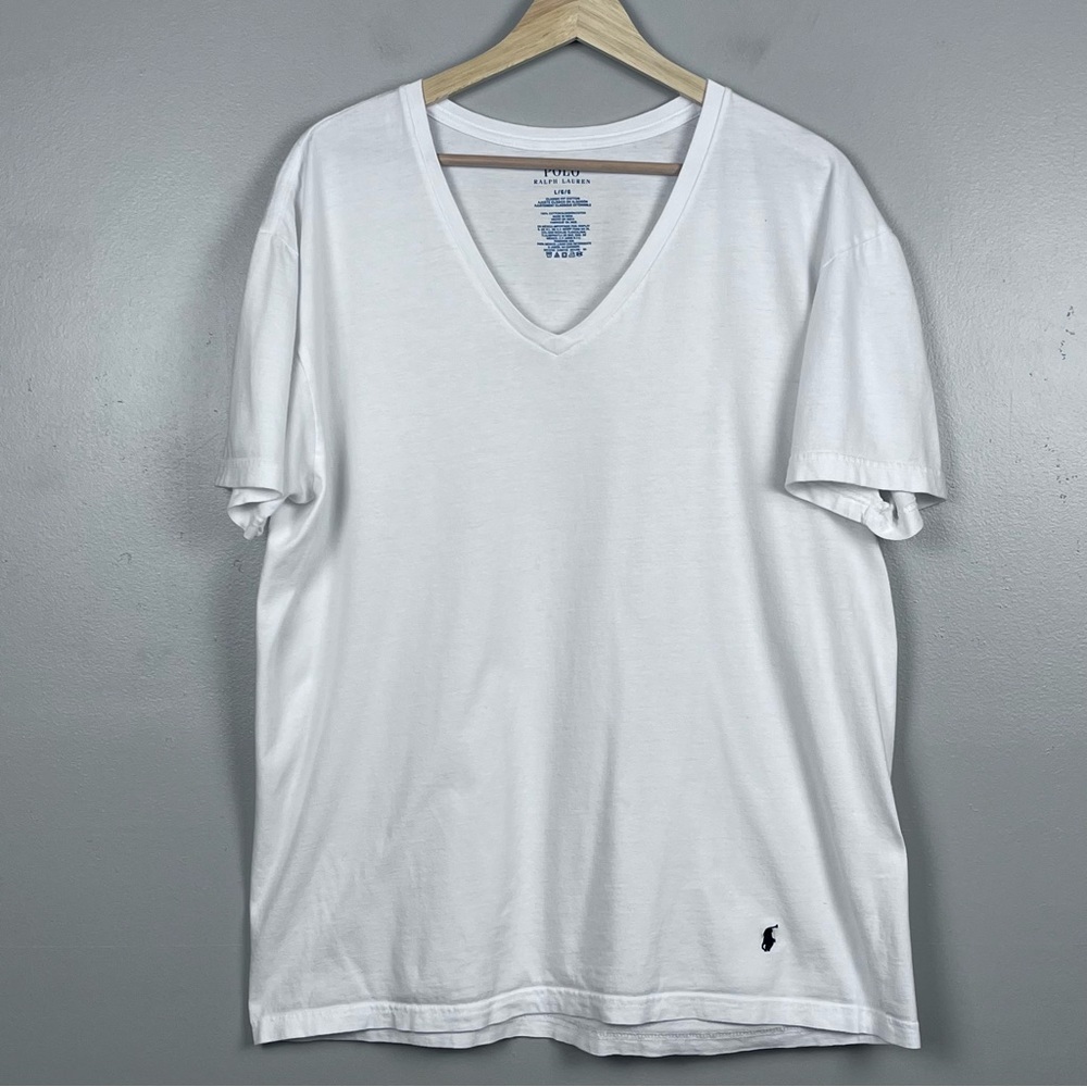 Polo Ralph Lauren Men's 100% Cotton White V-Neck Tee Shirt Size L; Preppy
